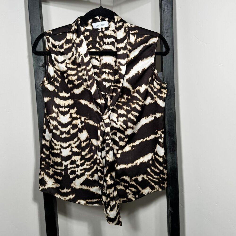 Calvin Klein Animal Print Bow Tie V-Neck Sleeveless Tunic – Chic & Flowy
